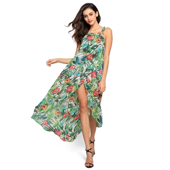

Green Loose Halter Sleeveless Irregular Hem Floral Print Maxi Casual Dress, Multicolor