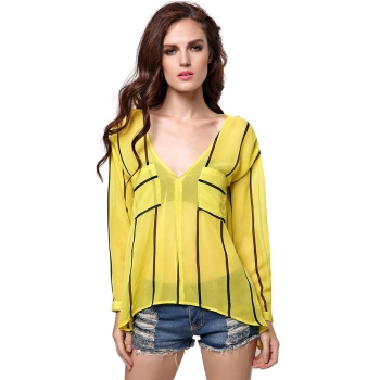 

FINEJO Yellow Stylish Ladies Transparent Stripe Long Sleeve V Neck Loose Casual Chiffon Top Shirts & Blouses, Multicolor