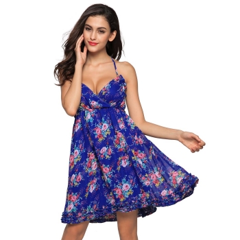 

FINEJO Blue Ladies Women Sexy Strap V-Neck High Waist Floral Slim Club Chiffon Mini Pleated Casual Dresses, Multicolor