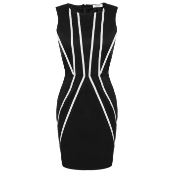 

Black Round Neck Sleeveless High Waist Contrast Color Pencil Work Dress, Multicolor