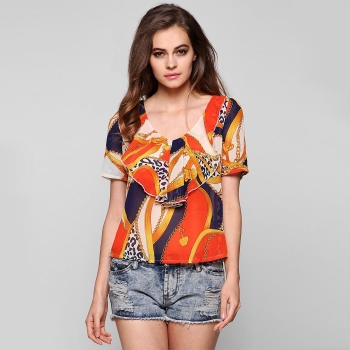 

Finejo Blue Fashion Ladies Women V-neck Short Sleeve Printed Contrast Color Blouse Tank Tops T-Shirts, Multicolor