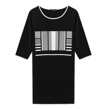 

Finejo Black Women Fashion 3"4 Sleeve Stripe Print Contrast Color Straight Short Casual Dresses, Multicolor
