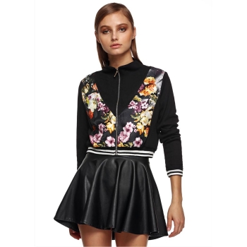 

Black Slim Long Sleeve Floral Patchwork Zip Up Short Jacket, Multicolor