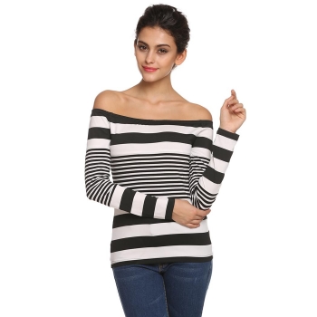 

Zeagoo Black&White Elegant Women Fashion Sexy Lady Long Sleeve Off the Shoulder Stripe Slim Tank T-Shirts Casual Tops, Multicolor
