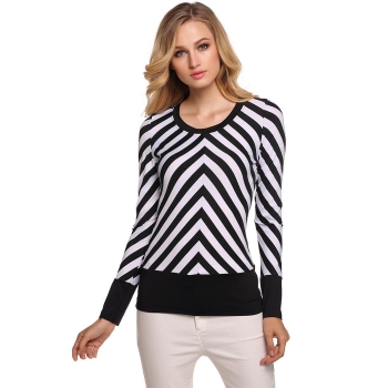 

FINEJO Black&White Stylish Ladies Stripe Round Neck Long Sleeve Slim Casual Outwear & Blouses Tank Tops T-Shirts, Multicolor