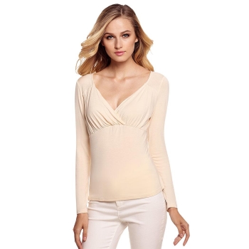 

FINEJO Apricot Sexy Ladies V Neck Long Sleeve Ruched Front Drape Slim Solid & Blouses T-Shirts Casual Tops, Multicolor