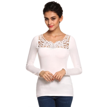 

Finejo White Women Fashion Casual Slim Long Sleeve Hollow Crochet Lace Patchwork Solid Stretch Tops & Blouses T-Shirts, Multicolor