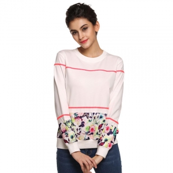 

FINEJO White Women Neck Sweet Butterlies Floral Printing Patchwork Hoodies Swearshirt Top Sweaters & Cardigans, Multicolor