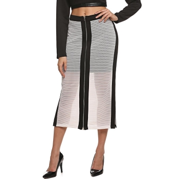 

FINEJO Black Elegant Ladies Contrast Color Zipper Slit Splicing Slim Casual Long Skirts, Multicolor