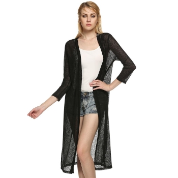 

FINEJO Black Stylish Ladies Solid Open Front Sides Split Loose Beach Cover Up Long Coat Outwear Top Suits & Blazers, Multicolor