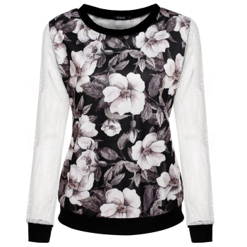 

Black Long Mesh Sleeve Neck Floral Print Patchwork Loose Sweatshirts, Multicolor