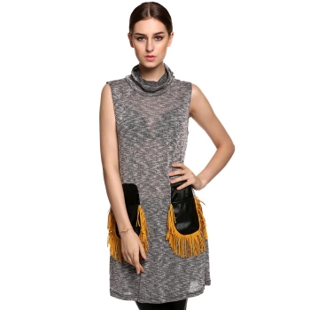 

Finejo Gray Women Fashion Turtleneck Sleeveless Fringe Pockets Straight Sweater Tank Tops Casual Dresses, Multicolor