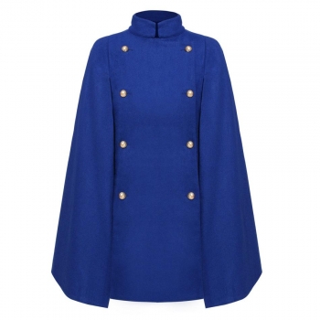 

Blue Wool Blend Stand Collar Double-breasted Solid Cape Cloak Coat, Multicolor
