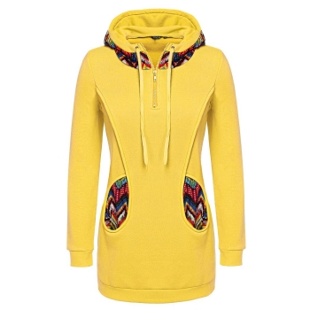 

Yellow Hooded Zipper Long Sleeve Patchwork Pullover Hoodie, Multicolor
