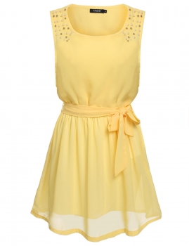 

Yellow Summer Bead Shoulder Bow Belt Sleeveless Pleated Dress, Multicolor