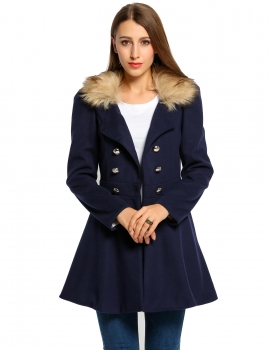 

NavyBlue Double Button Long Sleeve Fur Collar Coat, Multicolor