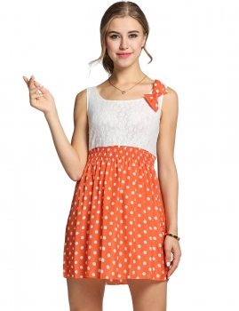 

Orange Polka Dot Bow Mini Lace Patchwork Dress, Multicolor