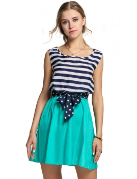 

Green Stripes Contrast color Sleeveless Casual Vest Dress, Multicolor