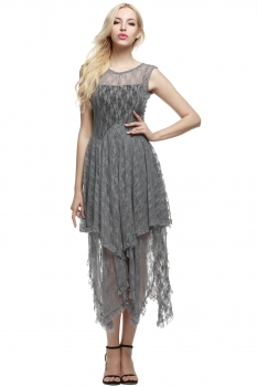 

Gray Lace Backless Asymmetrical Hem Dress With Lining, Multicolor