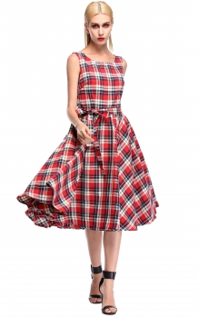 

Red 1950s Stylish Retro Grid Pattern Belted Swing Dress, Multicolor