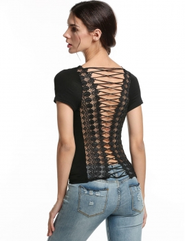 

Black Crew Neck Solid Basic Tee Back Lace-up Hollow T-Shirts, Multicolor