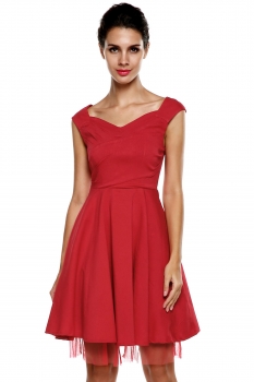 

Red Stylish Lady Women's Fashion V-neck Sleeveless Pleated A-line Swing Casual Dresses, Multicolor