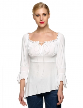 

White ACEVOG Sexy Women Off the Shoulder Flare Sleeve Slim Irregular Hem Casual Tops Shirts & Blouses, Multicolor