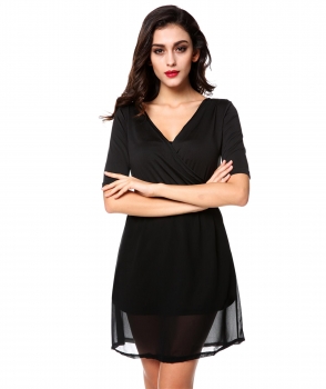 

Black ACEVOG Stylish Lady Women's Medium Sleeve High Waist Patchwork Mini Casual Dresses, Multicolor