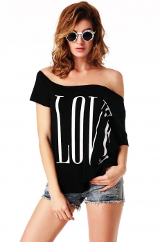 

Black One Shoulder Asymmetric Neck Short Sleeve Print T-Shirts, Multicolor
