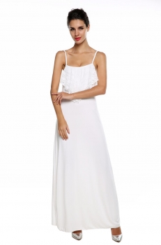 

White Angvns Women Spaghetti Strap Sleeveless Lace Patchwork Formal Long Casual Dresses, Multicolor