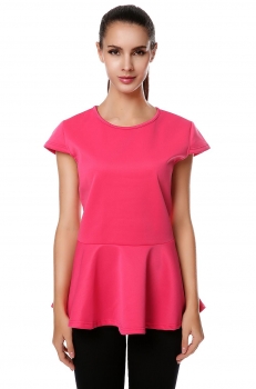 

Meaneor Rose red New Lady Women's Fashion O-Neck Short Sleeve Solid Ruffles Tank Shirts & Blouses Casual Tops, Multicolor