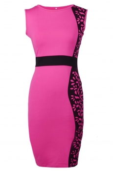 

ACEVOG Pink Fashion Women O-Neck Sleeveless Print High Waist Bodycon Slim Pencil Work Dresses, Multicolor