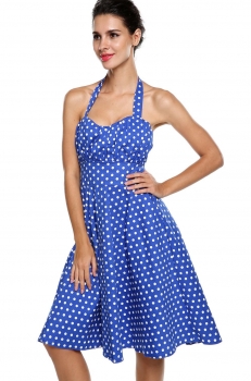 

Blue 1950s Halter Sleeveless Polka Dot Backless High Waist Swing Dress, Multicolor