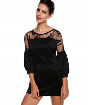 

Meaneor Black On Clearance Stylish Ladies Women Splicing Lace Puff 3"4 Sleeve Straight Mini Going Out Dresses, Multicolor