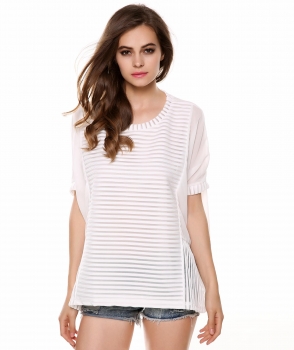 

White O-neck Batwing Sleeve Stitching Loose Chiffon Blouse, Multicolor