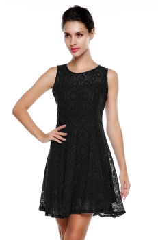 

ANGVNS Black Lady Women Fashion Sleeveless O-Neck Sexy Pleated Slim Mini Lace Party Wedding & Bridesmaid Dresses, Multicolor