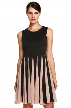 

unbranded Black New Stylish Ladies Women Elegant Sleeveless Round Neck Solid Pleated Casual Dresses, Multicolor
