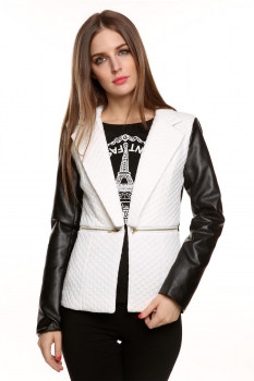 

White Long Sleeve Synthetic Leather Zipper Pocket Coat, Multicolor