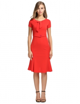 

Red Retro Short Sleeve High Waist Plaid Business Dress, Multicolor