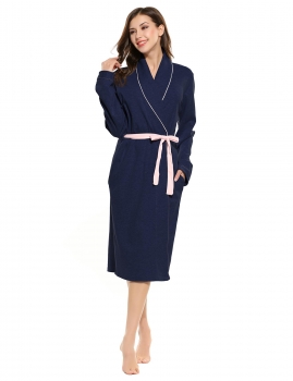 

Dark blue Turn-down Collar Long Sleeve Contrast Color Loose Nightwear Robes with Pockets, Multicolor
