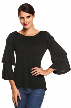 

ACEVOG Black Stylish Ladies Women Career O-neck Flounced Long Sleeve Tank Shirts & Blouses Casual Tops, Multicolor