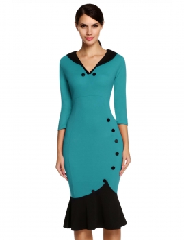 

Green V Neck Button 3"4 Sleeve Slim Fishtail Work Dress, Multicolor
