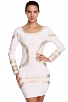

ACEVOG White Stylish Ladies Women Casual Long Sleeve Neck Geometric Print Sexy Bodycon Pencil Mini Going Out Dresses, Multicolor