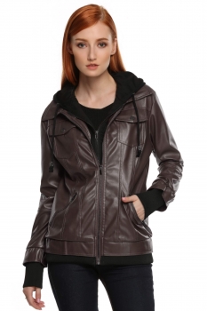 

Coffee Synthetic Leather Long Sleeve Coat With Hoodie, Multicolor