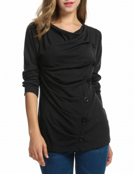 

Black Long Sleeve Draped Neck Button Bottoming Solid Warm Long T-Shirt, Multicolor