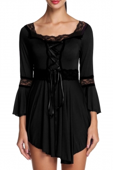 

Angvns Black Sexy Ladies Women Square Neck Flare Sleeve Lace Patchwork Stretch Club Pleated Hem Plus Blouse Dresses Tank Tops Tunics, Multicolor