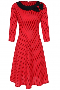 

ANGVNS Red Women Retro O-Neck 3"4 Sleeve Polka Dot Slim Bowknot A-Line Casual Dresses, Multicolor