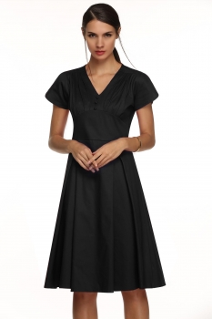 

ACEVOG Black Women Fashion Sexy V-Neck Solid Vintage Style High Waist Pleated Going Out Dresses, Multicolor