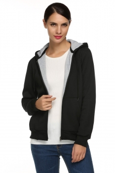 

Black Hooded Neck Long Sleeve Front Pocket Full Zip Hoodie, Multicolor