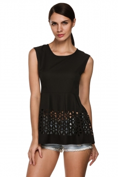 

FINEJO Black Women Fashion Casual Sleeveless Chiffon Hollow Out Sexy Pleated Top Shirts Blouses Tanks & Camis, Multicolor
